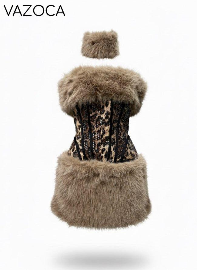 Plush Fur Leopard Mini Skirt Set