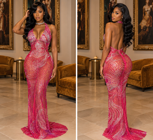 Luxe Rhinestone Mesh Maxi Dress- Peach Pink