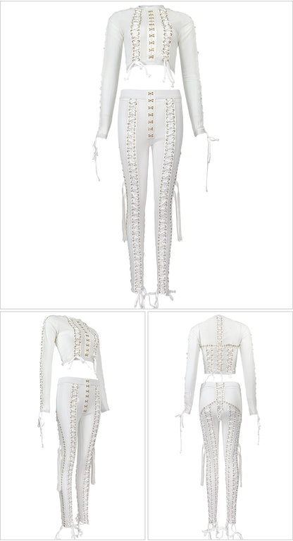 Diva Lace Up Mesh Pants Set (white)