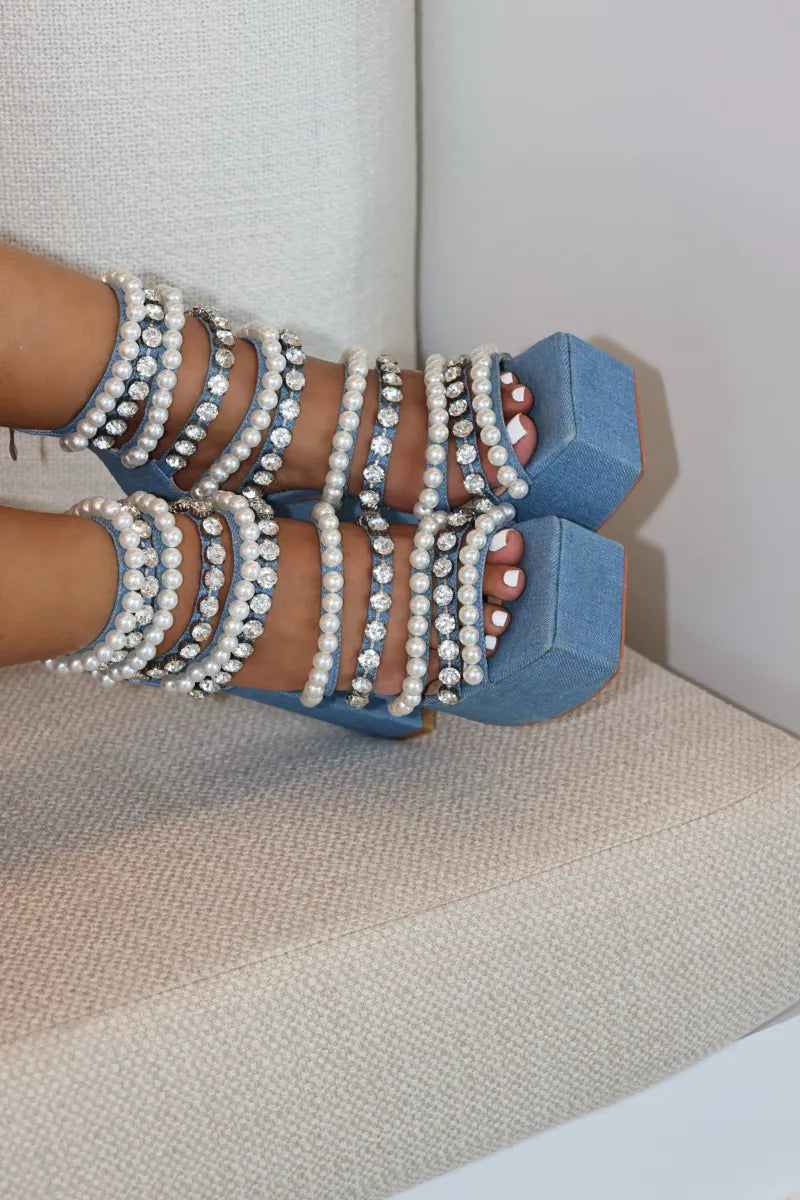 Denim Pearls Chunky High Heel