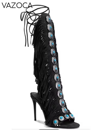Cowgirl Suede Tassel High Heels
