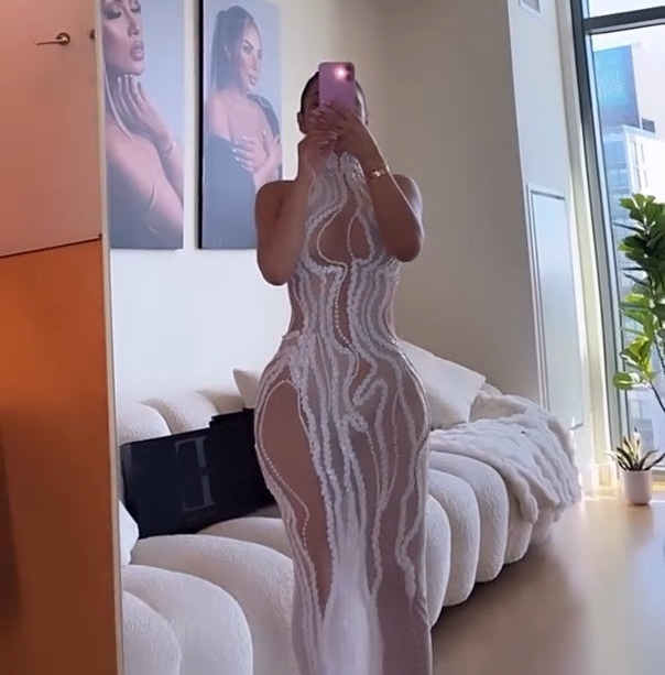 Pearl Sequined Mesh Maxi Dress