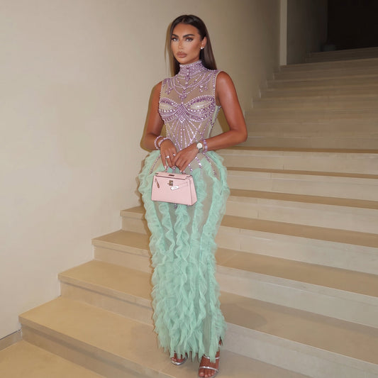 Gaelle Mesh Ruffled Maxi Dress