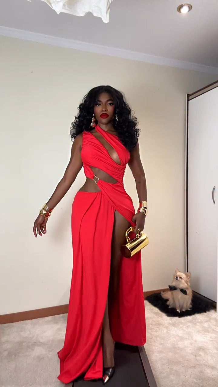 Red Ruched Cut-Out Maxi Dress