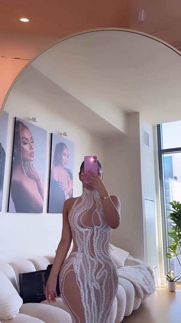 Pearl Sequined Mesh Maxi Dress