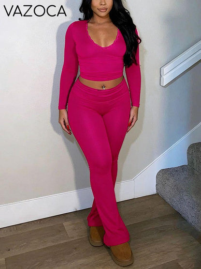 Contrast Lace Crop Top & Flare Pants Lounge Set