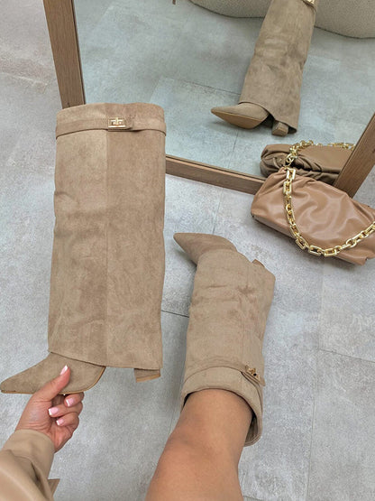 Fold Chunky Heel Knee High Boots