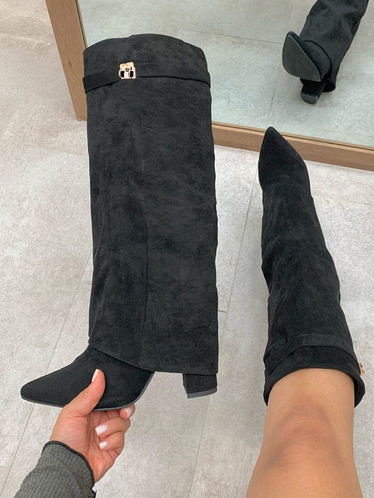 Fold Chunky Heel Knee High Boots