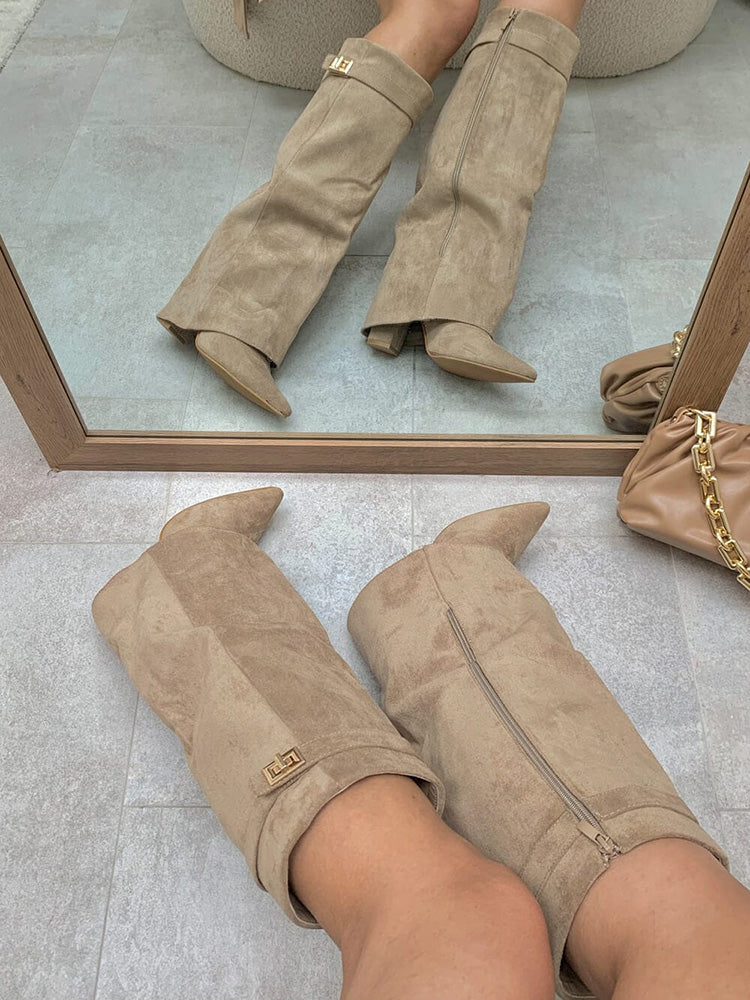 Fold Chunky Heel Knee High Boots