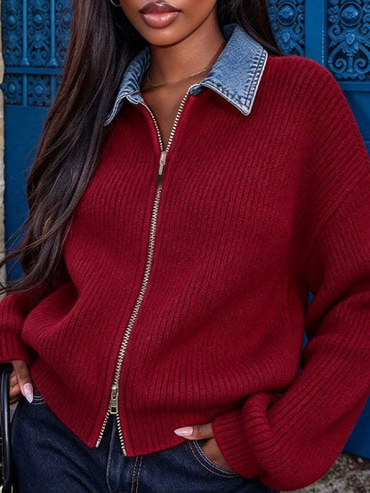 Denim Paneled Double Zip Sweater