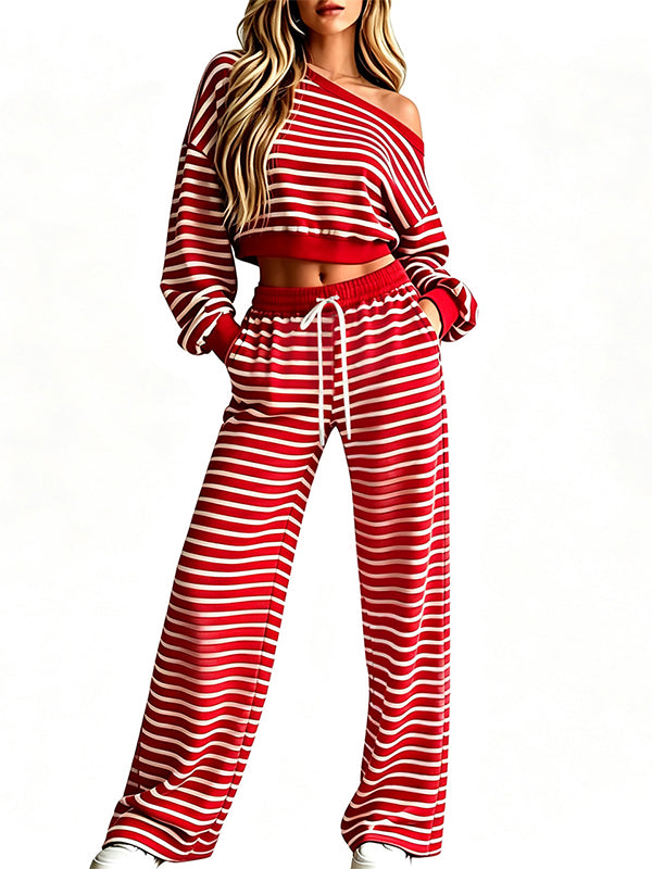 Striped Boat-Neck Cropped Top & Pants Set