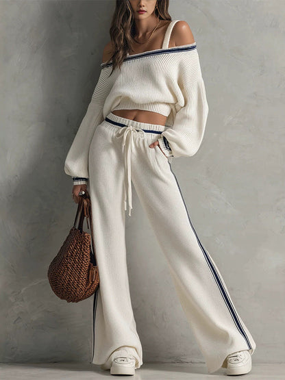 Cold Shoulder Top & Stripe Drawstring Pants Set