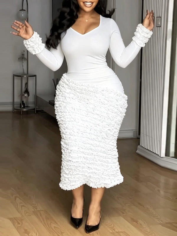 Solid Textured Ruched Bodycon Midi Dress