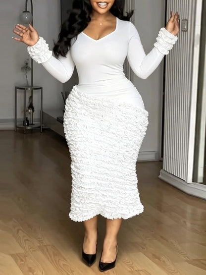 Solid Textured Ruched Bodycon Midi Dress