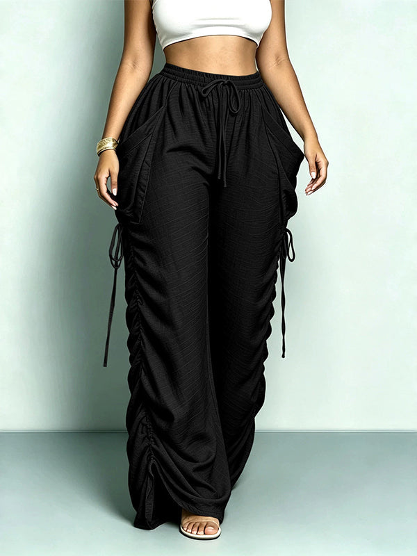 Solid Drawstring Ruched Harem Pants