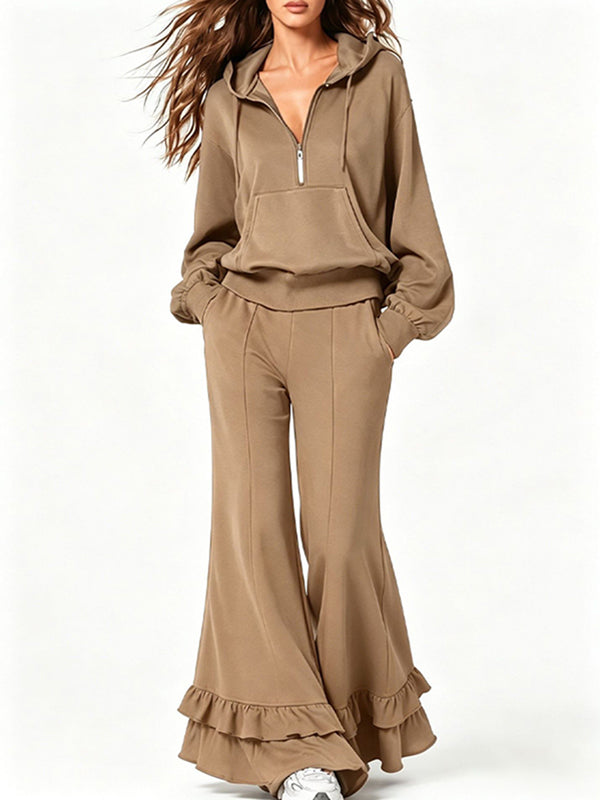 Solid Hoodie Sweatshirt & Flare Pants Set
