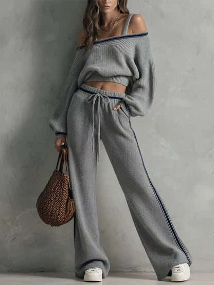 Cold Shoulder Top & Stripe Drawstring Pants Set