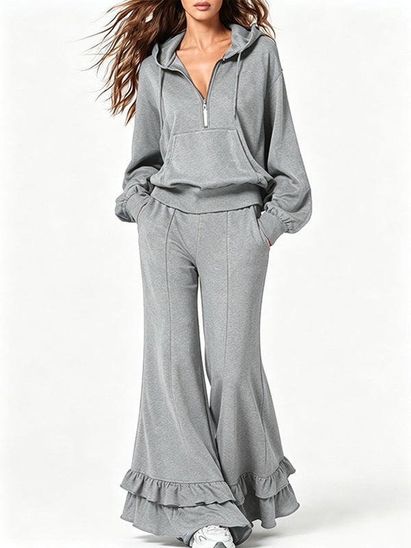 Solid Hoodie Sweatshirt & Flare Pants Set