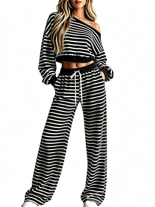 Striped Boat-Neck Cropped Top & Pants Set