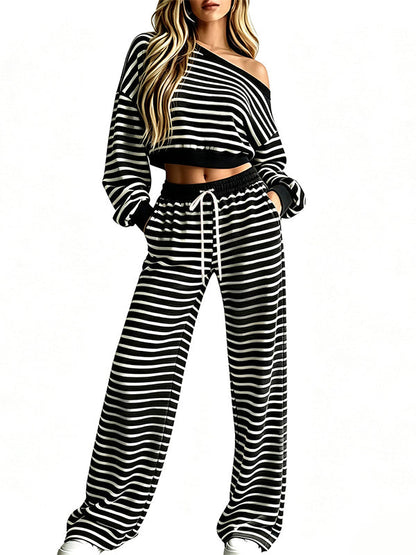 Striped Boat-Neck Cropped Top & Pants Set