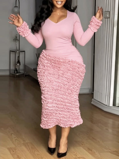 Solid Textured Ruched Bodycon Midi Dress