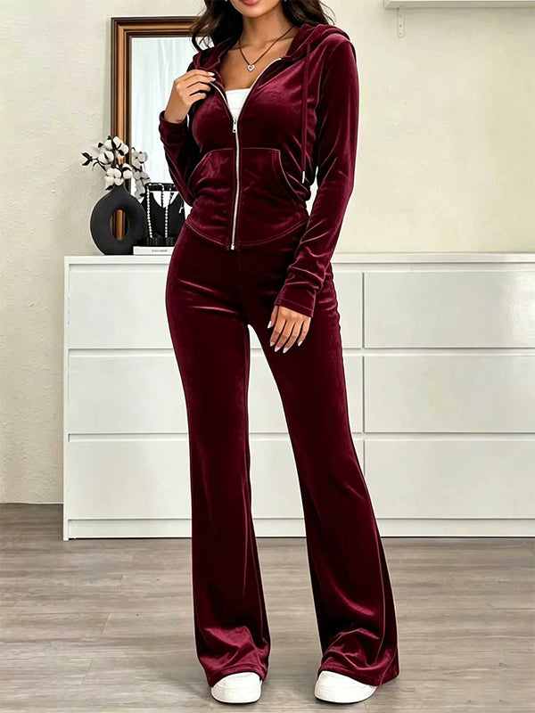 Solid Velvet Hooded Top & Flare Pants Set