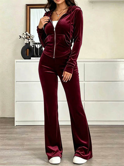Solid Velvet Hooded Top & Flare Pants Set