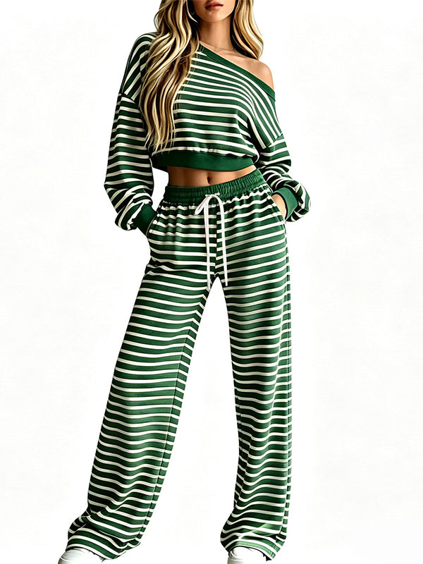 Striped Boat-Neck Cropped Top & Pants Set