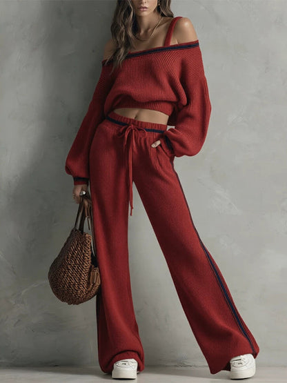 Cold Shoulder Top & Stripe Drawstring Pants Set