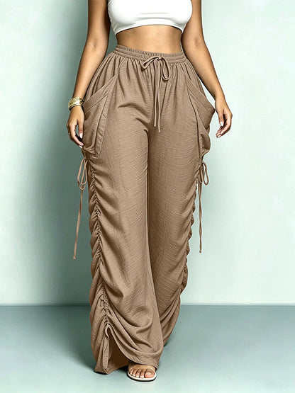 Solid Drawstring Ruched Harem Pants