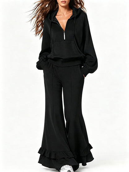 Solid Hoodie Sweatshirt & Flare Pants Set
