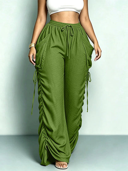 Solid Drawstring Ruched Harem Pants