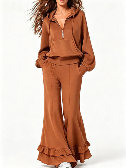 Solid Hoodie Sweatshirt & Flare Pants Set