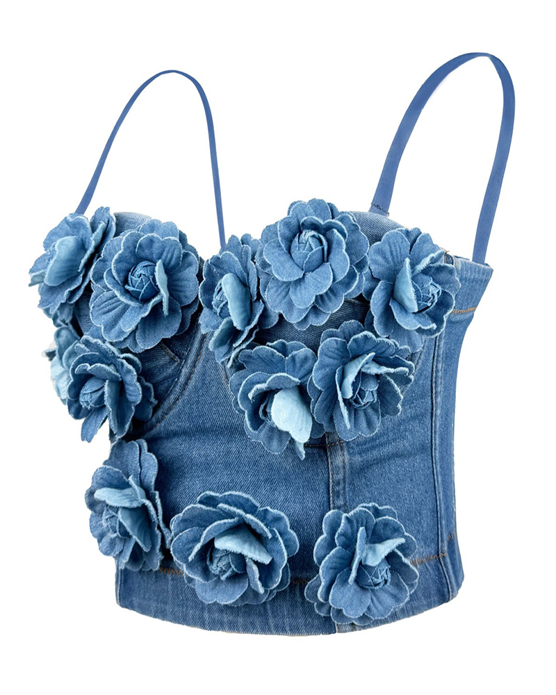 Beaded Flowers Denim Fishbone Corset