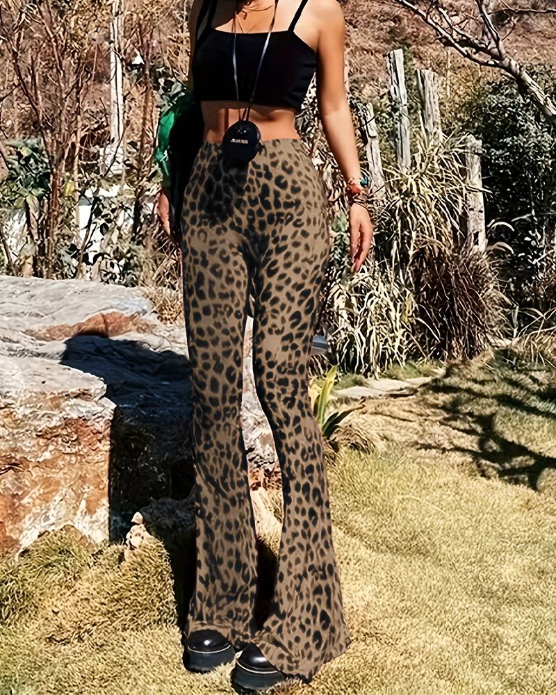 Slim-Fit Leopard Print Bootcut Trousers