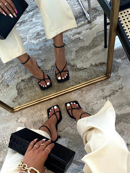 Leather Thong Ankle Strap Heels