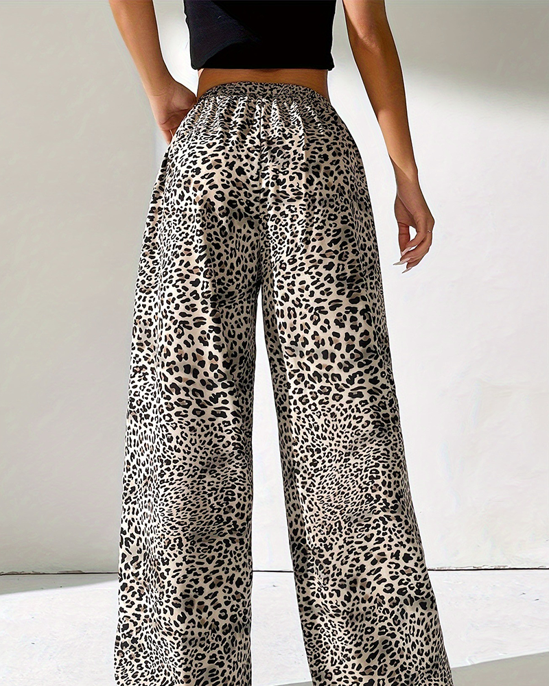 Leopard Print Straight Draped Trousers