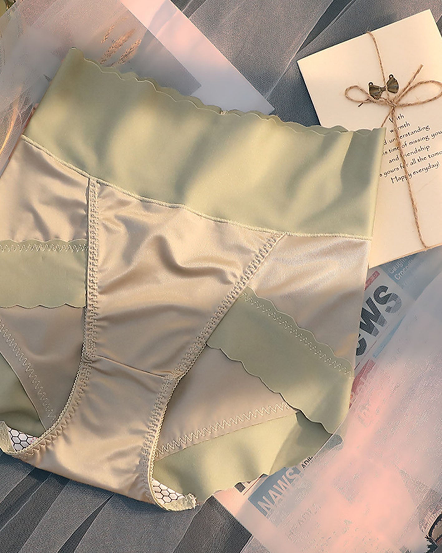 High-Waisted. Hip Lift Satin Fashion Panties LightGreen