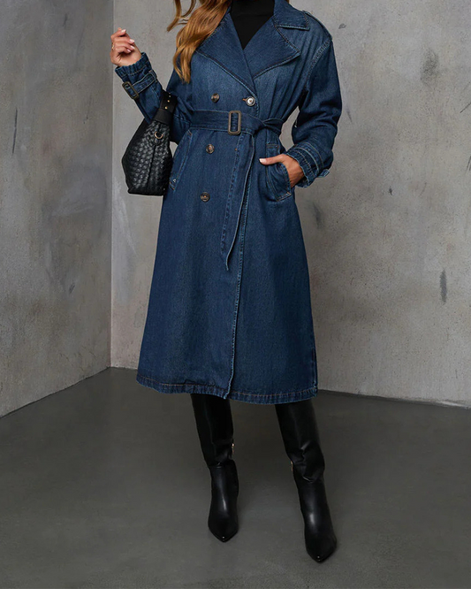 Casual Retro-Inspired Denim Trench Coat