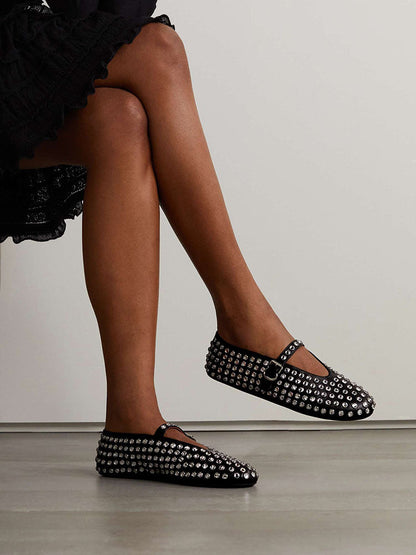 Rhinestone Leather Ballet Flats