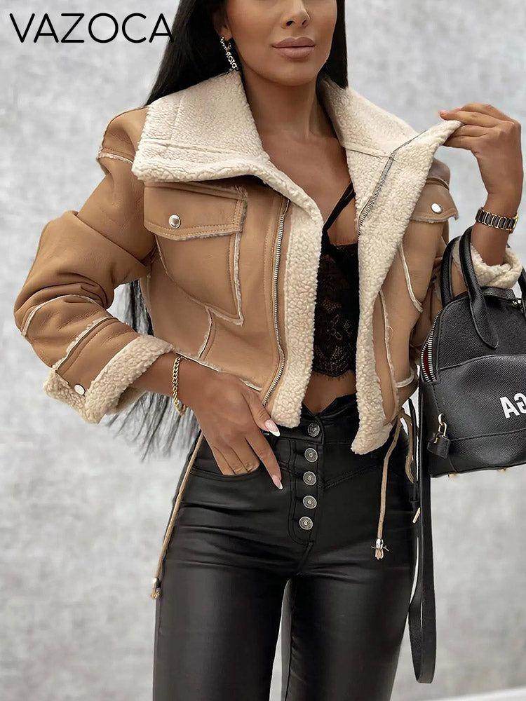 Leather Shearling Crop Jacket Khaki