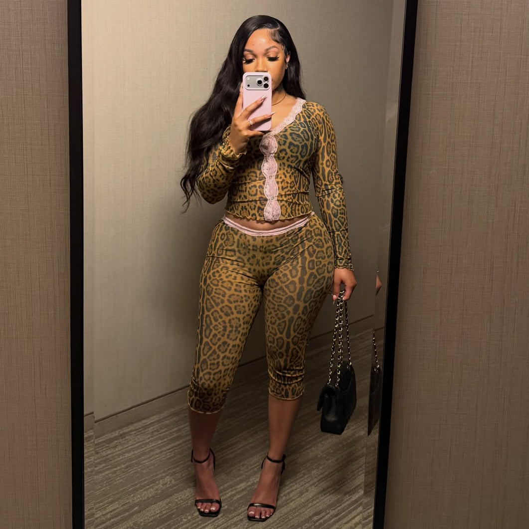 Leopard Lace Trim Capri Set